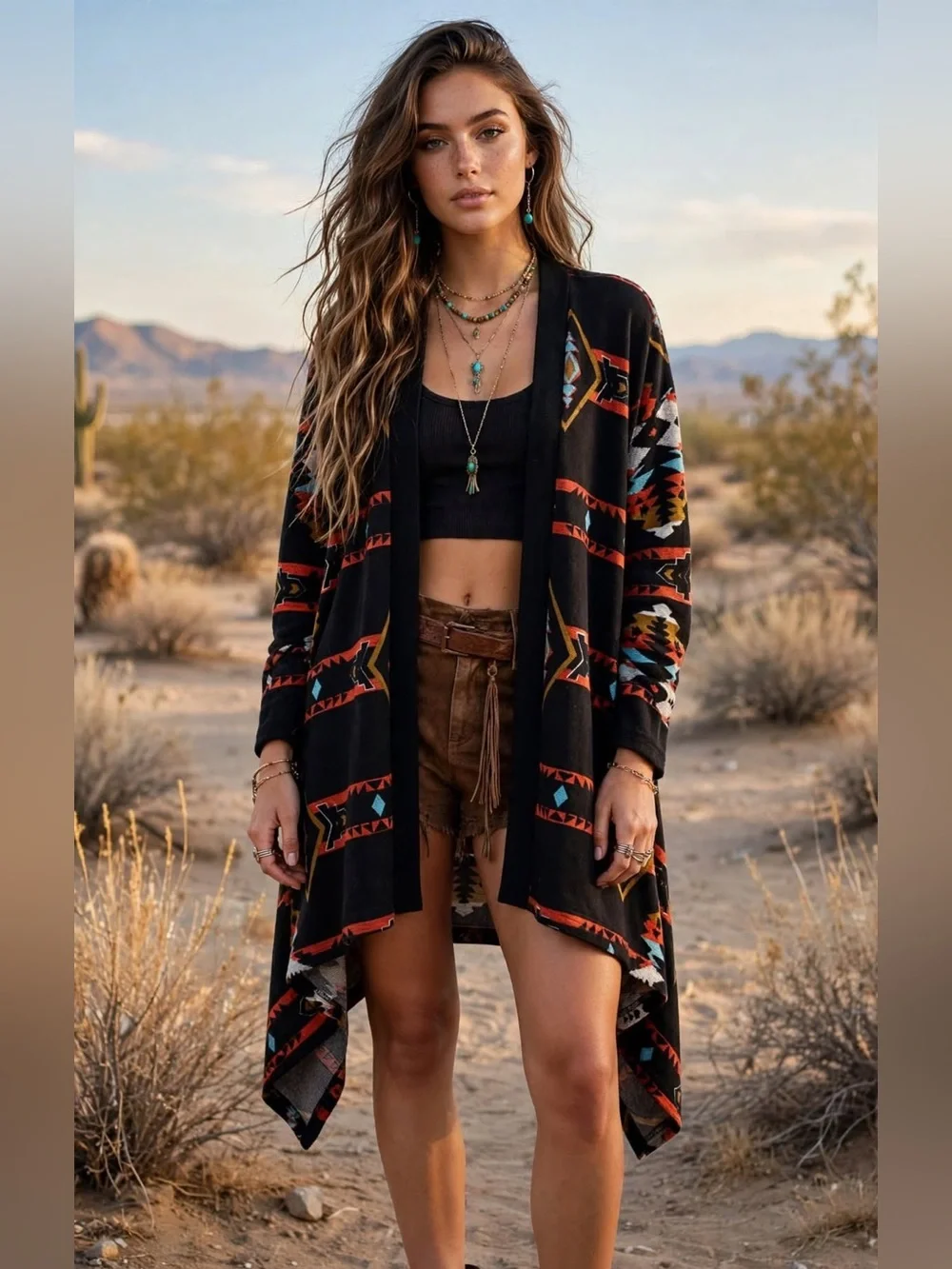 Liberty Love Southwestern Aztec Print Waterfall Cardigan Black Large